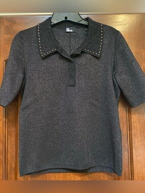 The Kooples Womens Mix Viscose Studs Polo Sweater Black Metallic US Sz 8 NWT